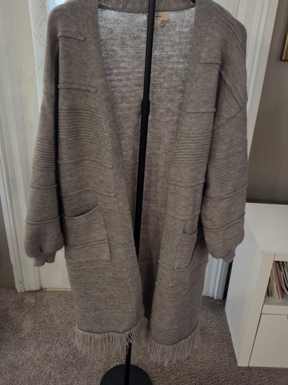 Entro Gray Open Front Long Cardigan Fringe Hem Pockets Size L